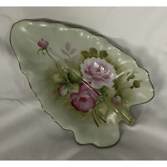 Lefton Heritage Green Pink Cabbage Roses Leaf Dish #1860 Gold Trim Japan Vtg - Picture 6 of 11